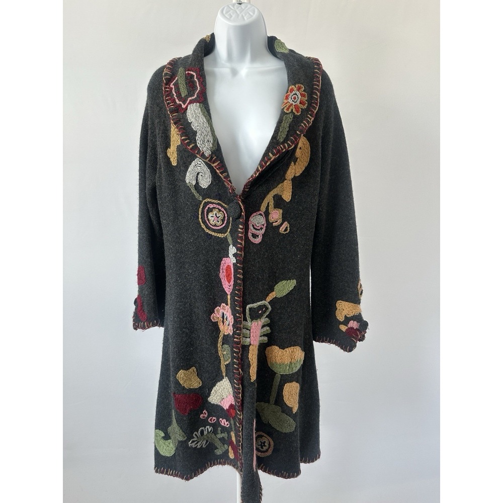 Relais Wool Floral Applique Long Cardigan Sz S (b49)
